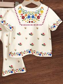 2pcs/Set Baby Girls Floral Print Short Sleeve Top And Pants Set, Lightweight Summer Outfit, Cute Casual Clothes For Newborn Infant Toddler, Bohemian Style, 0-1-2-3 Years, 6-9 Months, Suitable For Outdoor, Vacation, Birthday Gift - Multicolor - View 3