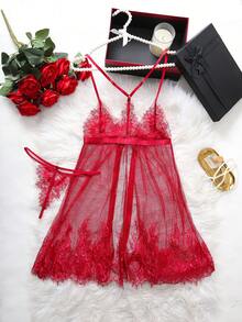 Women's Sexy Lingerie Nightgown Set, Alluring Strapless Lace Print Sheer Backless Nightgown Ladies Sexy Robe Set - Red - View 4
