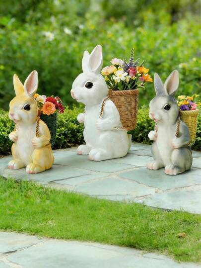 1PC Bunny Planter Statues: Resin Rabbit Flower Pot With Basket For Garden/Indoor Decor – Easter Spring Decorations