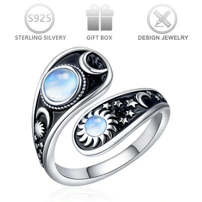 1 pieza Anillo abierto ajustable de estilo vintage bohemio de plata 925 con luna creciente y estrella incrustada de piedra lunar, adecuado para uso diario, vacaciones, Ramadán, regalo de cumpleaños