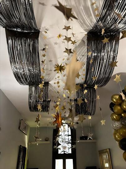 2Pcs 180-Inch By 13.2-Inch Tinsel Streamer Decorations With Adhesive, Featuring A Golden, Silver, And Black Wave Design For A Suspended Ceiling Backdrop, Ideal For Elegant Weddings, New Year'S Eve Celebrations, Shopping Mall Displays