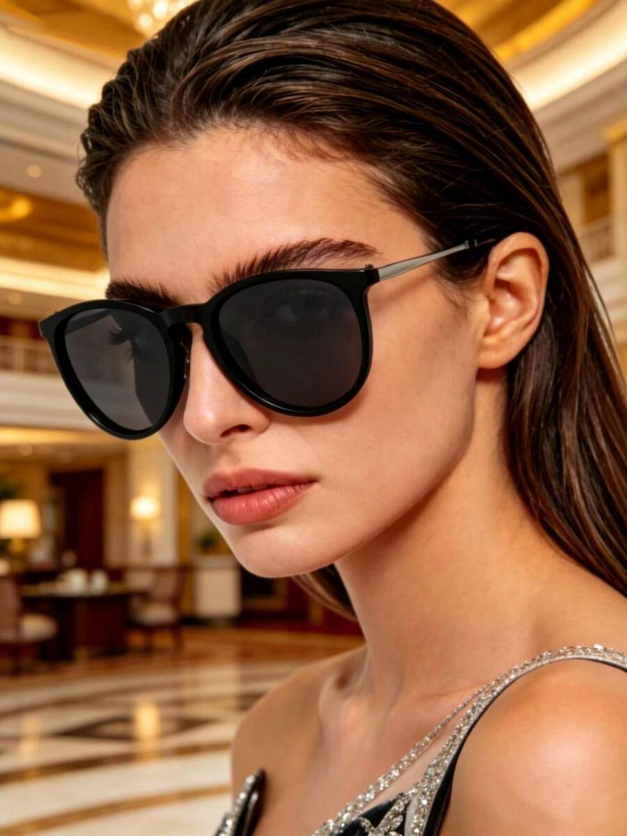 一副银黑色复古圆形金属框男女通用时尚眼镜，适合驾驶、街头摄影、旅行、时尚佩戴 - 黑色 - 查看 1