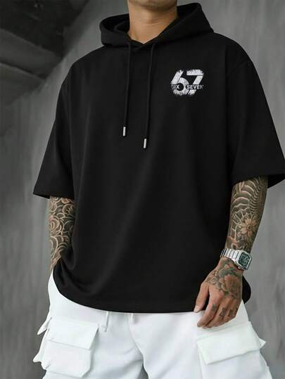  GRDR 男士夏季休闲数字印花连帽短袖T恤，时尚简约短袖，适合跑步和日常穿着