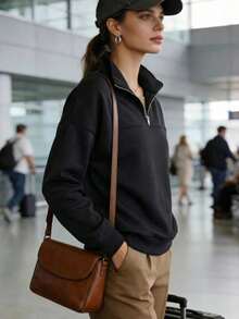 黑色半拉链都市现代风卫衣，女士休闲长袖套头衫，春季旅行及日常穿着 - 黑色 - 查看 3