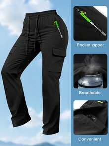 Hidkat Women's Spring/Autumn Zipper Pocket Cargo Pants, Fashionable Large Pocket Design, Drawstring Elastic Waist, Casual Outdoor/Daily Wear Slim Fit Trousers - xanh quân đội - Xem 4