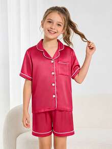Tween Girl Pink Single-Breasted Short Sleeve Top And Shorts Pajama Set - Multicolor - View 4