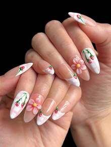 10片手工杏仁形美甲贴纸，粉白相间，法式格纹，3D粉色花朵雕刻，草莓图案，可爱亚克力假指甲，适合女孩和女士度假、旅行、婚礼美甲装饰，包含甲油胶和指甲锉。 - 粉色 - 查看 4
