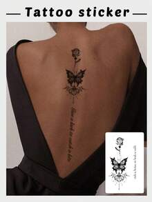 1pc Fashionable Waterproof Butterfly & Rose Spine Tattoo Sticker, Sexy Minimalist Back Tattoo, Sweat-Proof, Suitable For People - Black - View 1