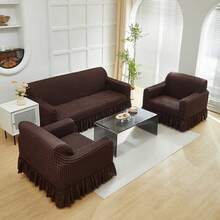 3 piezas Funda Elástica para Sofá con Volante, Ajuste Antideslizante, Lavable a Máquina, para Sala, Hogar y Casas con Mascotas - Café integral - Ver 2