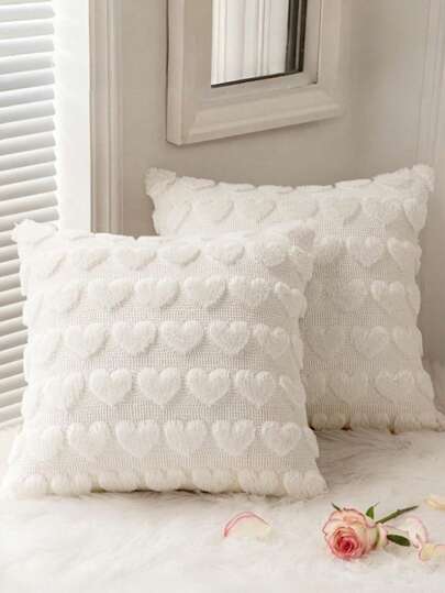 2pcs Nordic Style Plush Throw Pillow Covers, Thickened Solid Color Sofa Cushion Covers With Heart Pattern, Decorative Pillow Covers With Zipper, Machine Washable, Suitable For Indoor And Outdoor Decoration, Living Room, Bedroom, Party (Pillow Insert Not Included)