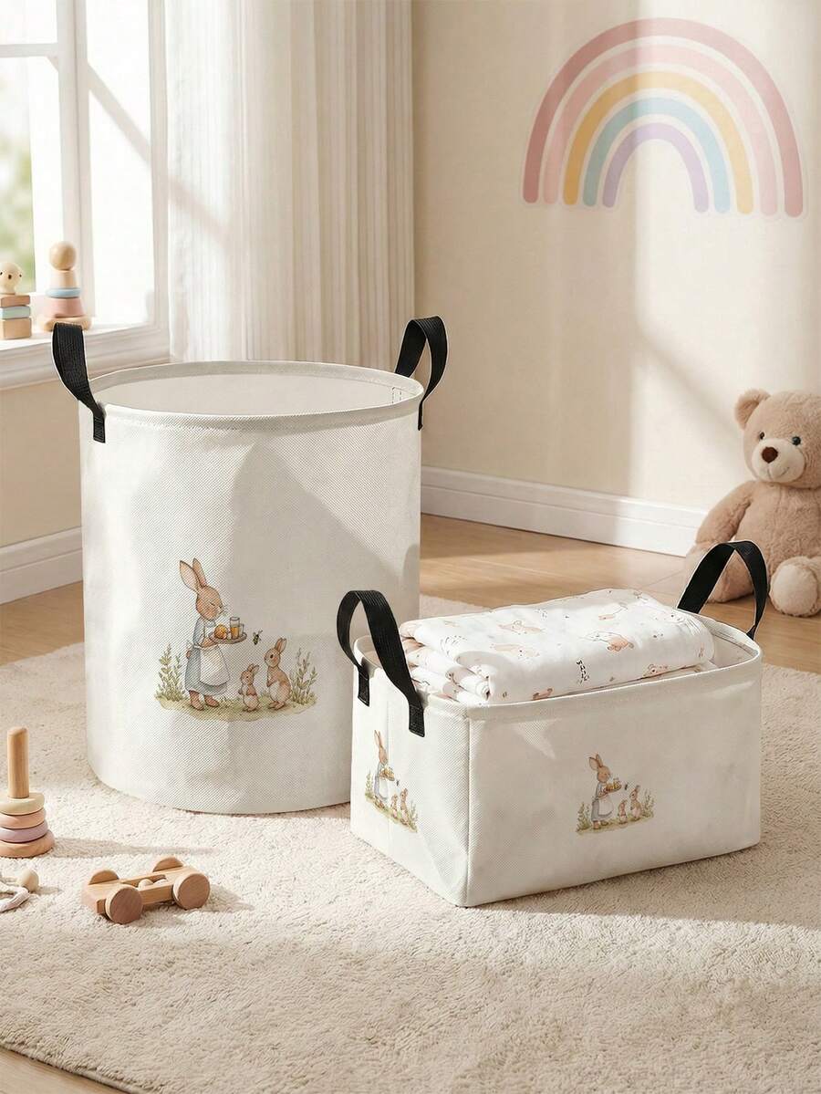 1pc/2pcs Easter Pattern Printed Large Capacity Foldable Round Storage Basket With Handle, Multipurpose Storage Basket For Nursery, Baby Diaper, Clothes, Toys Organizer, Collapsible Storage Box - Multicolor - View 1