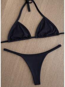 Triangle Bikini Top Without Padding, Thong Bottom, And Tan Line Tape. - Black - View 1