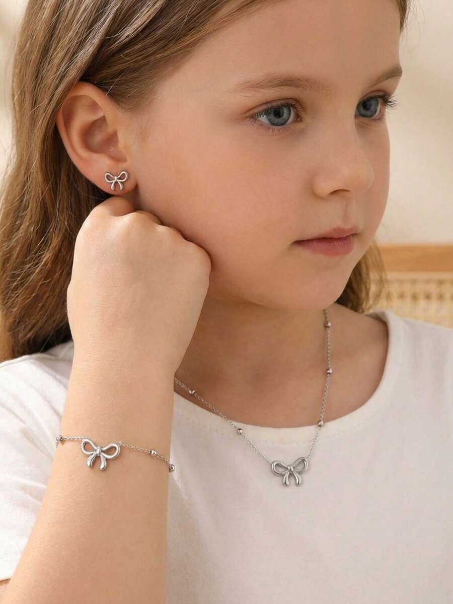 Set de 2 piezas/3 piezas/4 piezas de collar con colgante de lazo elegante de plata, pulsera con decoración de lazo, aretes de lazo, conjunto de joyería para fiestas y eventos - Plateado - Ver 1