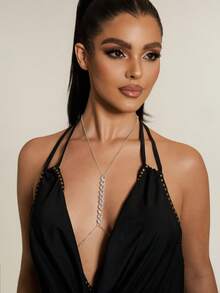 Altistry 1pc Heart Shaped Crystal Decorated Chest Chain, Sexy Body Chain Accessory, Fashionable For Nightclub, European & American Style - Silver - View 3