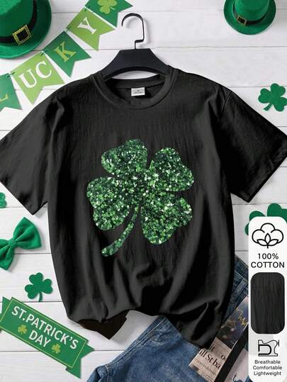 St. Patrick's Day Lucky Four-Leaf Clover Print 100% Cotton Short Sleeve T-Shirt For Women, Back To School Essential, Perfect For First Day Of School Outfit