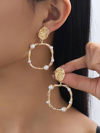 一对时尚几何圆形仿珍珠装饰吊坠耳环，适合女士参加派对、聚会、日常佩戴，百搭礼物。