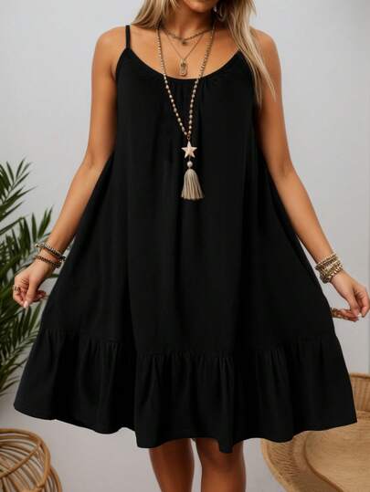 大码女式纯色针织荷叶边露背吊带口袋吊带裙，适合度假和日常穿着，春夏款