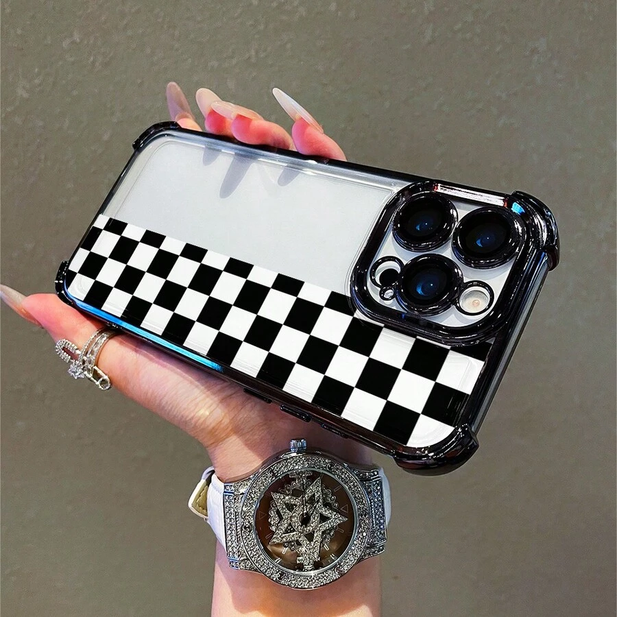 1 Stück, schwarz-weißes Gittermuster, einfaches, stilvolles, quadratisches Handyhülle für iPhone 11/12/13/14/15/17/Air/Pro/Plus/Pro Max und Galaxy S22/S223/S84/S25/Ultra/FE/EDGE. Geeignet als Geschenk für Freunde oder Valentinstagsgeschenke. - Verschiedenfarbig - Übersicht 1