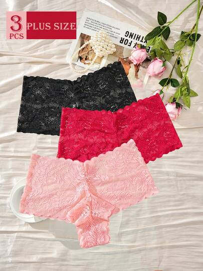 3pcs Plus Size Comfortable Breathable Sexy Ladies Panties, Solid Color Lace Trim High Elasticity