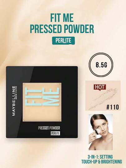 Maybelline FIT ME 珍珠蜜粉饼 #110 哑光高光 - 白皙肤色 8.5克/0.3盎司 - 畅销三合一定妆、补妆、提亮妆容产品，25微米超细粉末，打造无瑕哑光妆效，轻扫即可遮盖毛孔，呈现哑光效果。光泽外层蕴含珍珠岩成分，搭配水滴形乳胶粉扑，实现360°无瑕上妆。轻盈不油腻、不卡粉、不泛灰，三步轻松打造白皙自然的提亮和日常定妆妆容。