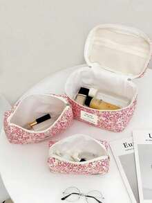 3pcs/1pc Printed Quilted Cosmetic Bag, Lightweight Travel Makeup Bag, Large Capacity Multi-Functional Cosmetic Organizer Pouch, Zipper Closure, For Women, Girls, Home, Travel, Holiday And School Use - Multicolor - View 2