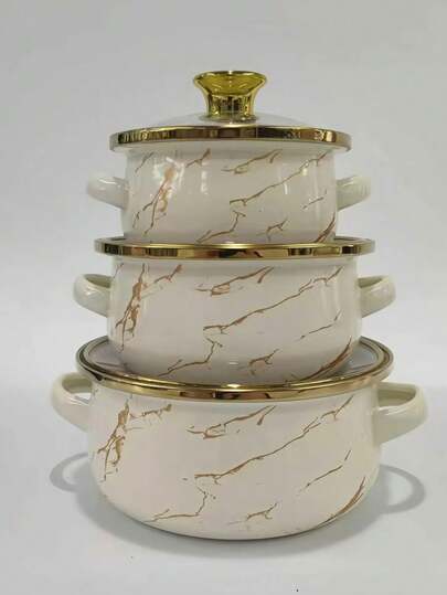 3件套彩色搪瓷双耳小火锅带盖，加厚搪瓷陶瓷炖锅，迷你火锅，粥锅，牛奶保温锅，厨房电器，适用于电磁炉和燃气灶