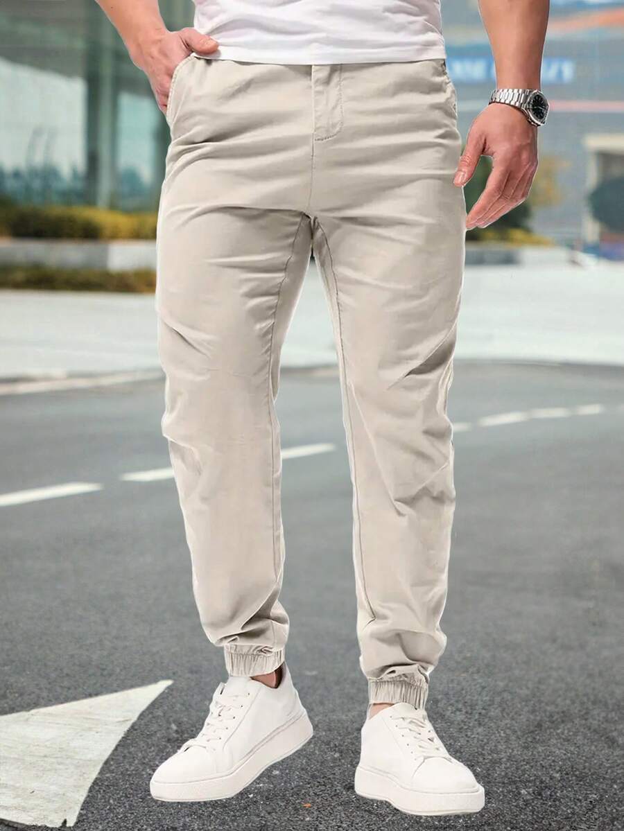 Shendy Vendy Pantalones Jogger Con Puños Y Cintura Elástica Con Cordón Y Bolsillos Inclinados Sueltos Para Hombre - Gris Claro - Ver 1