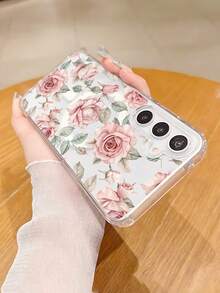 Watercolor Pink Rose Floral Phone Case Cover With Green Leaves, Magnetic Design Enables Wireless Charging, Slim Protective Back Cover For Women Elegant Flower Pattern Design Shockproof Protective Case Compatible With Samsung Galaxy S26Ultra S26Plus S26 S25 S24 S23 S22 Plus FE Edge A56 A54 A36 A35 17promax 17Air 17pro 17 16E 16 15 14 13 12 11 X XS XSMAX Plus Pro Case - Trong sáng - Xem 5