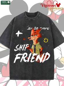 Disney Zootopia Judy Hopps And Nick Wilde Friend Ship Couple Vintage Washed T-Shirts 180g Washed Cotton Mickey And Minnie Flower Bouquet Loose Short-Sleeved Couple's Outfit - màu đen - Xem 2