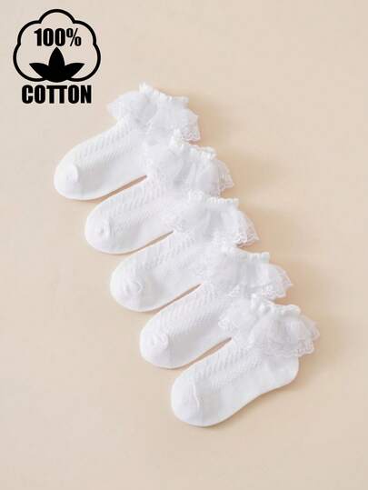 1 par/3 pares/4 pares/5 pares Calcetines con doble capa y ribete de encaje para niños y adolescentes, calcetines de malla transpirables de unicolor para baile de niñas, calcetines cortos casuales y deportivos para bebés