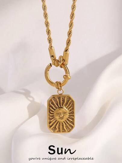 1pc Stainless Steel Moon Sun Pendant Necklace Fashion 18K Gold Plated Square Charms Necklaces For Women Waterproof Jewelry
