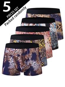 5pcs/Pack Men's Underwear, Random Leopard Print Men's Boxer Briefs, Comfortable Versatile Daily Wear Trunks - Multicolor - View 1