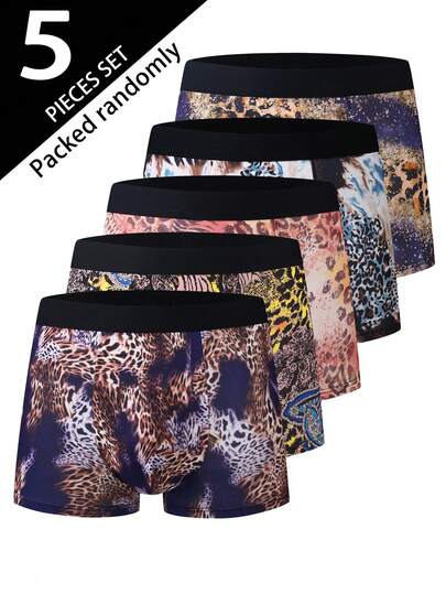 5pcs/Pack Men's Underwear, Random Leopard Print Men's Boxer Briefs, Comfortable Versatile Daily Wear Trunks