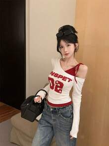 Asymmetric Contrast Color Block Long Sleeve T-Shirt, Sweet & Sexy Girl Print Fitted Tee For Women, Spring/Summer White - White - View 5