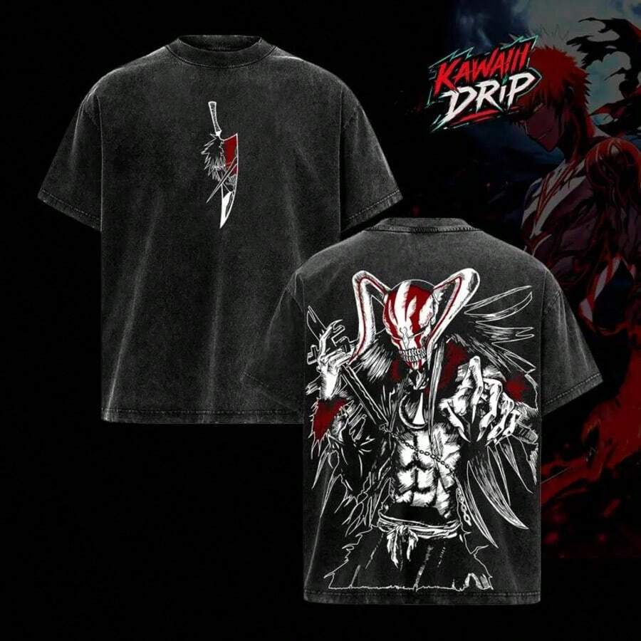 Ichigo Hollow Form Bleach Anime Shirt, Vintage Washed Oversized Graphic Tee, Vasto Lorde Mask Art, Kurosaki Ichigo Transformation T-Shirt, Unisex Streetwear Anime Merch Gift For Bleach Fans - 黑色 - 查看 1