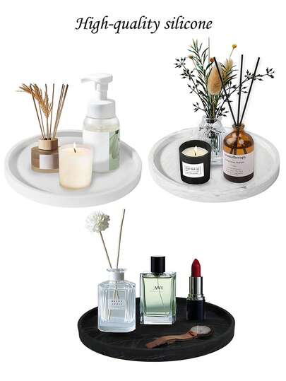 Round Silicone Bathroom Vanity Storage And Display Tray, Suitable For Vanity Tables, Can Store Perfumes, Lotions, Candles, Cosmetics, Jewelry, And Can Also Be Used As A Sink Soap Holder Or A Countertop Coffee Table Decorative Storage Rack.