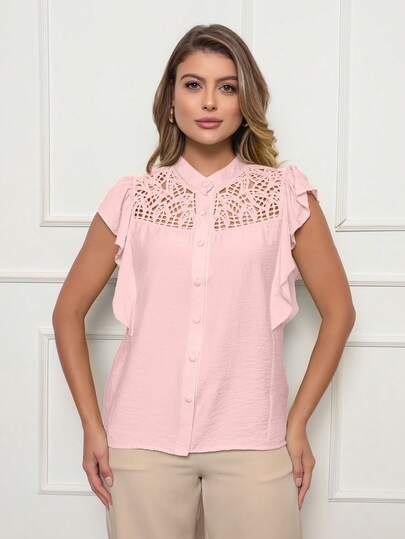 ALETHEIA - BLUSA FEMININA VISCOSE COM POLIAMIDA RENDA VAZADA OMBRO MANGA BABADO BOTÕES FRONTAIS LEVE E ELEGANTE