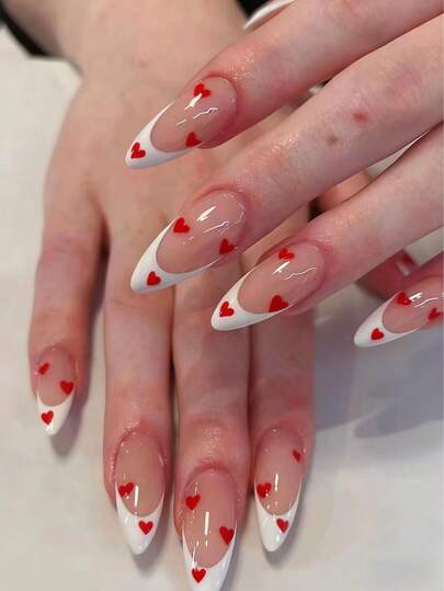 24pcs French Almond Shaped Nail Tips Set, Red Heart Decor Nails, Includes 1 Nail File And 1 Jelly Gel, Suitable For Women And Girls Daily Wear, Also Suitable For Valentine's Day Party