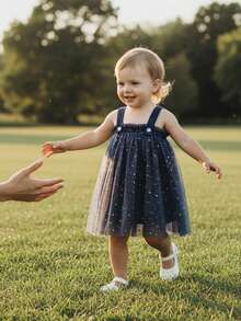 Vestido de verano sin mangas para niñas pequeñas, con lentejuelas, tirantes anchos, en capas de tul, informal, de princesa, bonito, para uso diario, ideal para niñas de 6 meses a 3 años. - Azul - Ver 2