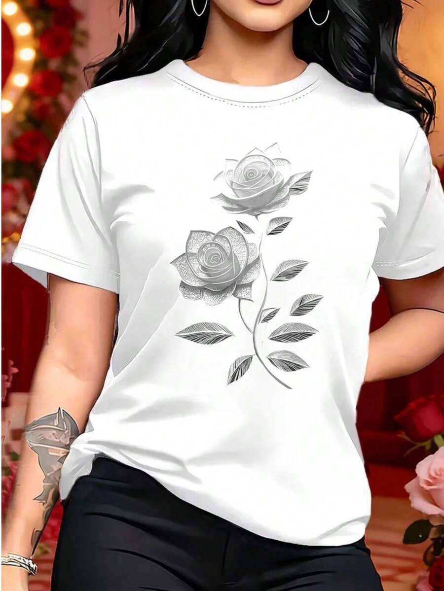Women's Flower T-Shirt Blouse, 100% Cotton, Floral Fashion - 白色 - 查看 1