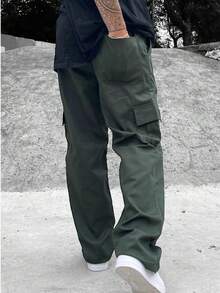 Men's Green Cargo Pants With Drawstring Waist And Slight Stretch, Unisex Long, Loose-Fitting, Casual Streetwear Skate Pants. - 墨綠色 - 查看 6