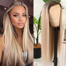 13X4 Purple Hair Synthetic Lace Front Wigs 26 Inch Pre Plucked Long Straight Hair Wigs 13X4 HD Lace Wigs Glueless Dark Purple Colored Wigs Heat Resistant Halloween Wigs Deep Purple Long Silky Straight Lace Front Wigs For Fashion Women For Daily Christmas Party Cosplay Use - 漸變金色 - 查看 3