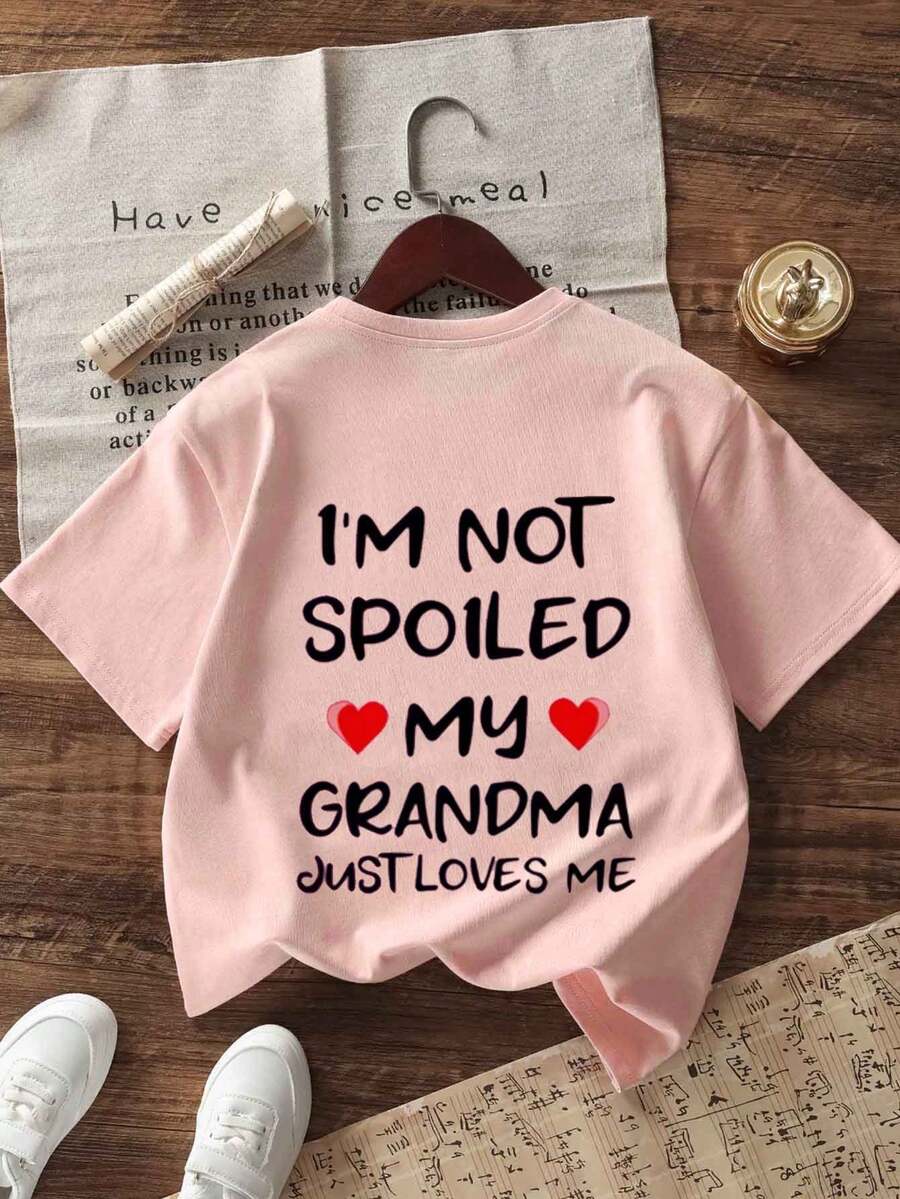 Young Girl Casual Funny Print Crew Neck Short Sleeve T-Shirt, Summer Top - Pink - View 1