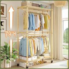 Portable Rolling Closet With 2 Shelves - Mobile Garment Rack For Bedroom Storage And Space-Saving Home Organization, Yellow - Yellow - View 4