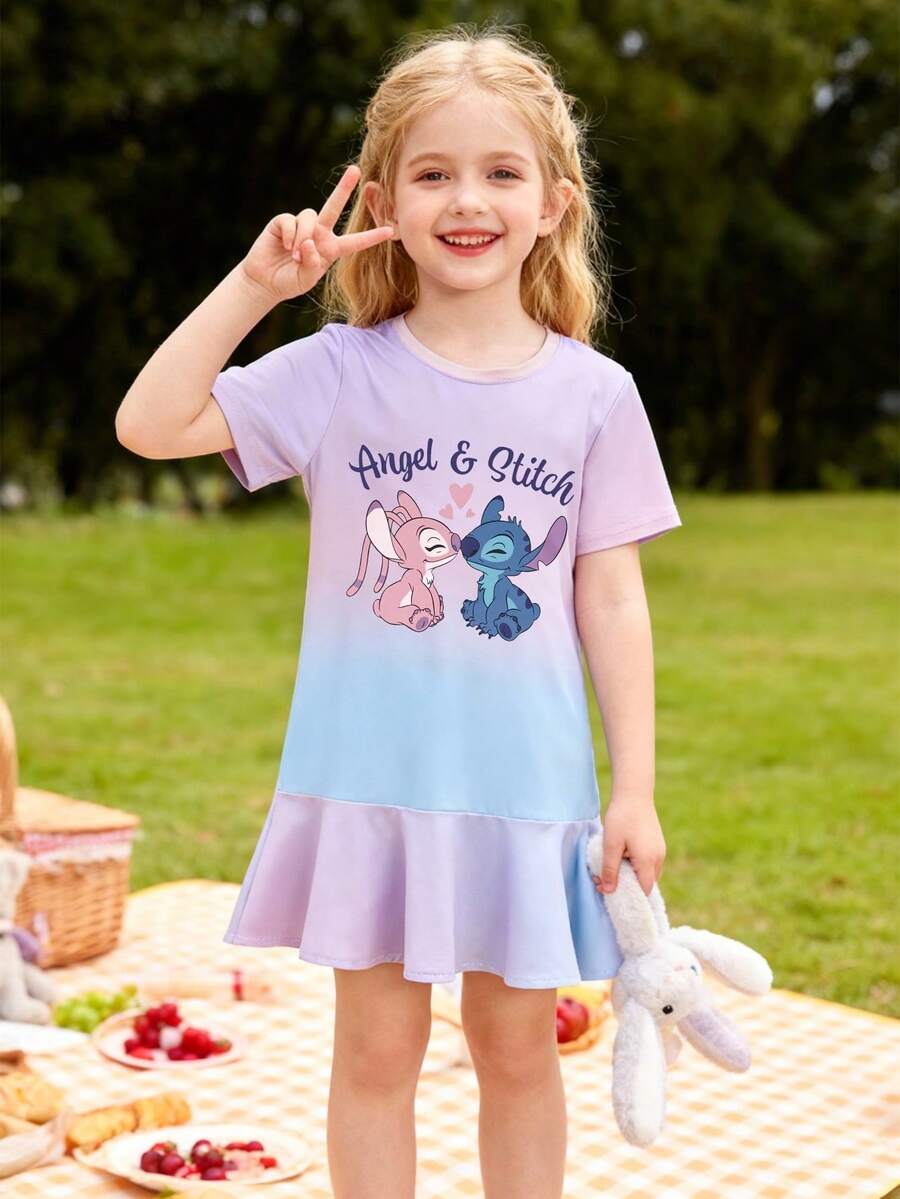 Disney Angel And Stitch Soft Polyester Fabric Casual And Comfortable Wear Suitable For Childrens Casual Wear Lively Outdoor Outfit Girls Princess Dress Party Fashion Ruffle Skirt Princess Dress Suitable For Birthday Parties Comfortable And Casual Wear All Year Round Suitable For Parties And Play Machine Washable Gift Childrens Clothing Soft And Skin Friendly The Skirt Flows Making Your Little One Become A Fairy Tale Protagonist - Mauve Purple - View 1