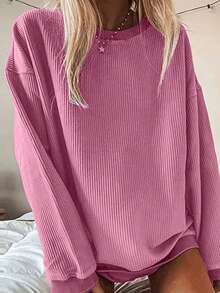 Sudadera casual de manga larga con hombros caídos y unicolor cálida, otoño/invierno rosa primavera para mujer - Rosa - Ver 1