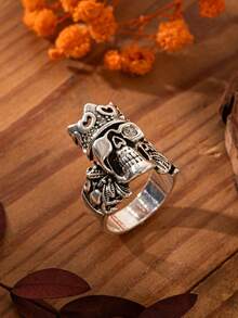1枚时尚男士朋克复古嘻哈个性化骷髅心形加勒比海盗戒指，婚礼订婚派对珠宝礼物 - 銀色 - 查看 4