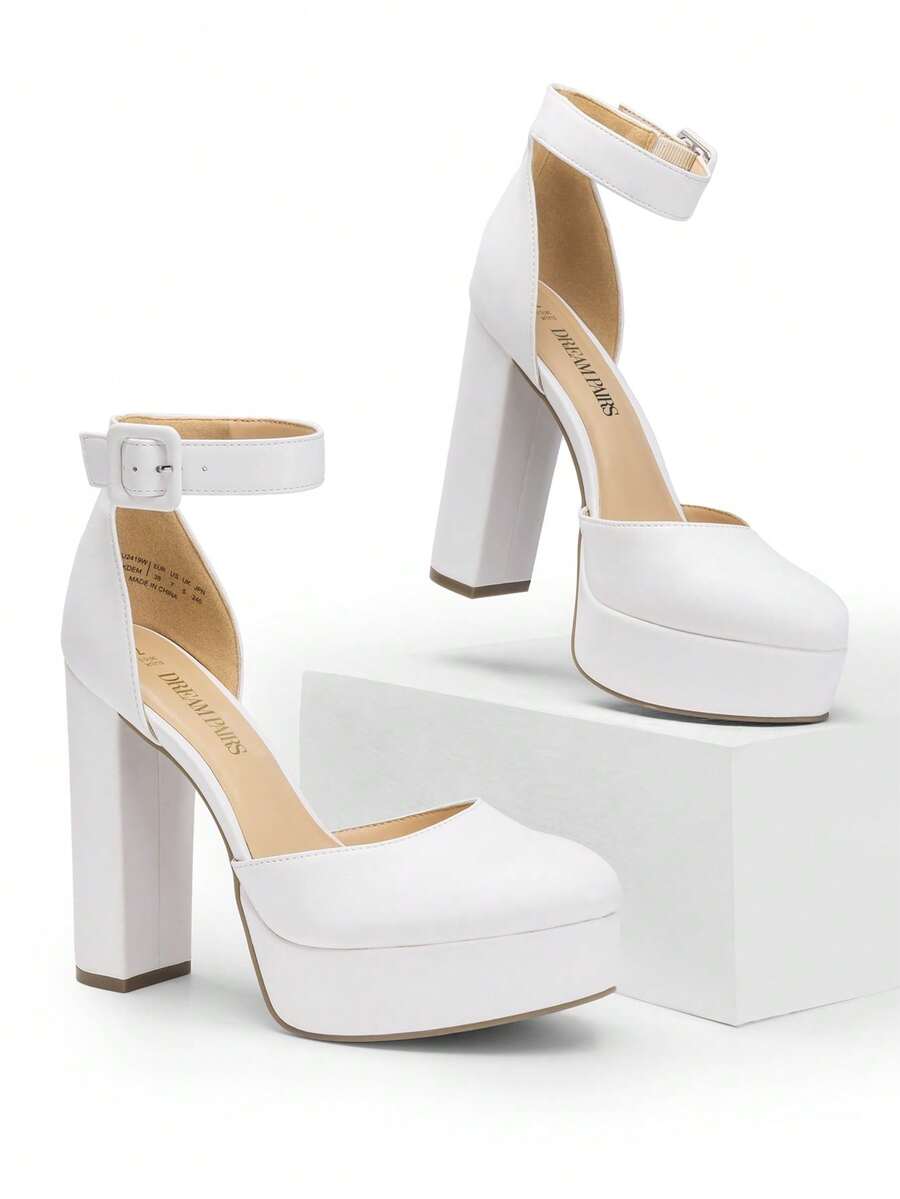Women's Platform High Chunky Heels Closed Toe Block Ankle Strap Dress Buckle Round Toe Solid Color  Wedding PartyFashionable Pumps - 白色 - 查看 1