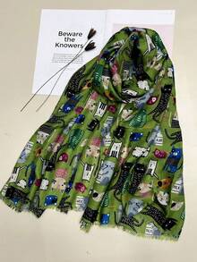 1pc Cute Cat Pattern Fashionable Unique Versatile Beach Party Travel Lightweight Scarf/Shawl For Women, Spring/Summer New Arrival - Green - View 8