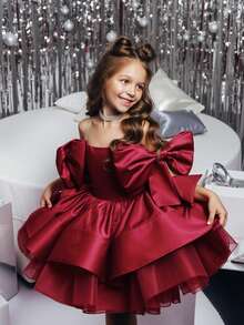 酒红色蝴蝶结薄纱圣诞派对优雅礼服，公主裙，适合女孩生日派对、婚礼花童、舞会、感恩节、毕业典礼等场合。 - 酒紅色 - 查看 3